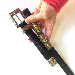 Brighton Black Leather Belt Croc Embossed Women M Silver Hardware Western #44203